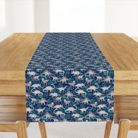 Dinosaur Jungle Dark Blue Purple Background small print