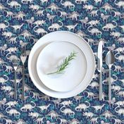 Dinosaur Jungle Dark Blue Purple Background small print