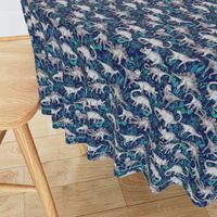 Dinosaur Jungle Dark Blue Purple Background small print