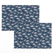 Dinosaur Jungle Dark Blue Purple Background small print