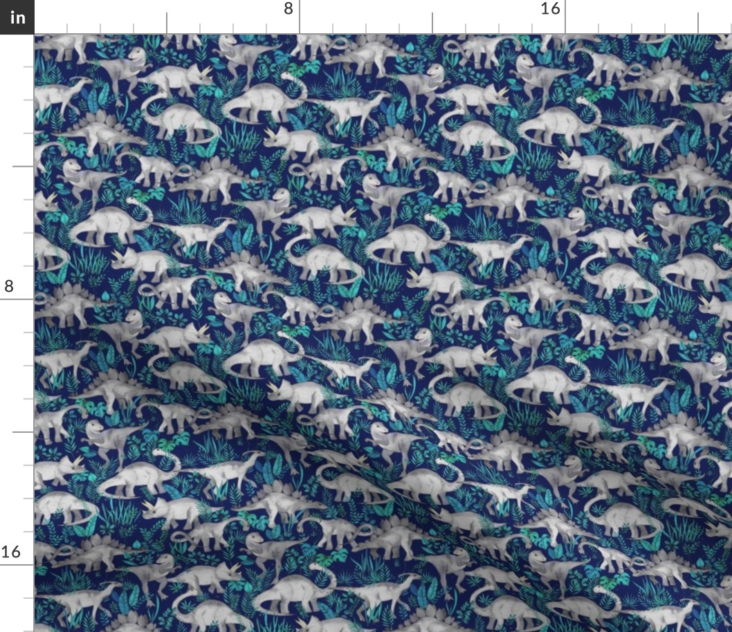 Dinosaur Jungle Dark Blue Purple Background small print