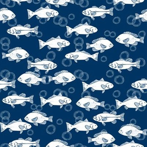 fish // navy and white summer fish fabric hand-printed block print fabric by andrea lauren