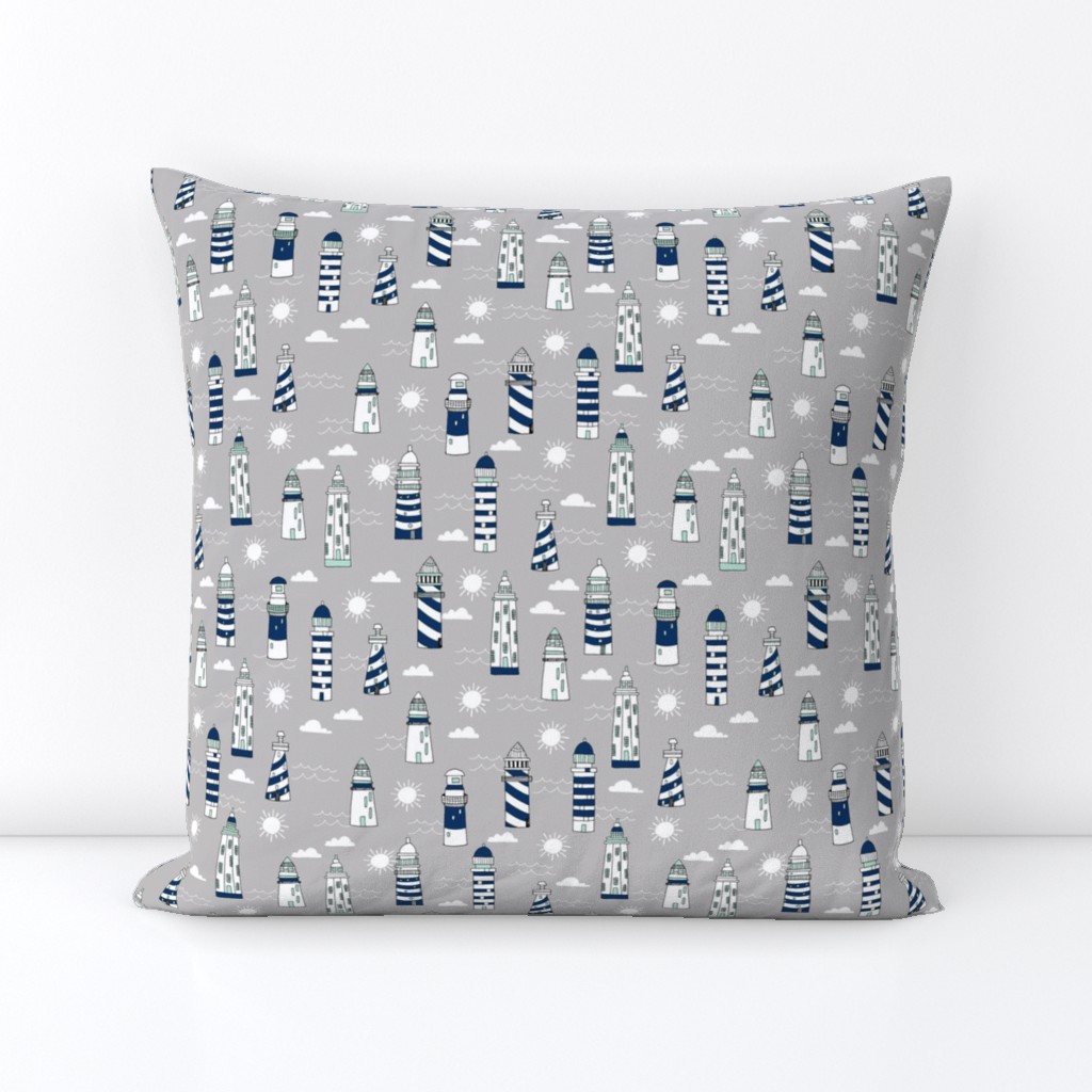 lighthouse // navy white and grey lighthouse fabric nautical summer hand-drawn maritime fabric