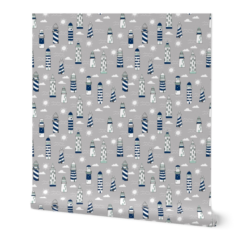 lighthouse // navy white and grey lighthouse fabric nautical summer hand-drawn maritime fabric
