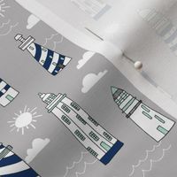 lighthouse // navy white and grey lighthouse fabric nautical summer hand-drawn maritime fabric