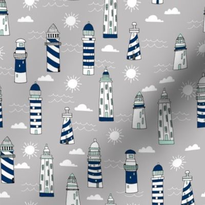 lighthouse // navy white and grey lighthouse fabric nautical summer hand-drawn maritime fabric