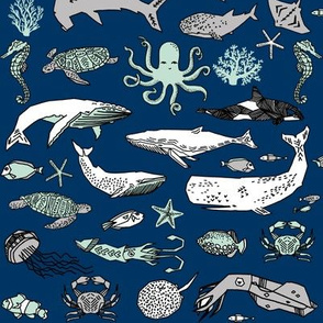 ocean animals // navy mint and grey summer nautical fabric ocean whales octopus