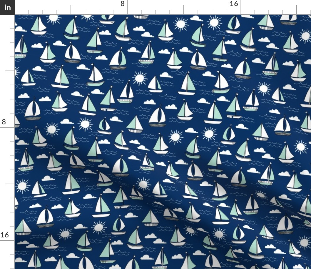 sailing // mint and navy sailing sailboat fabric