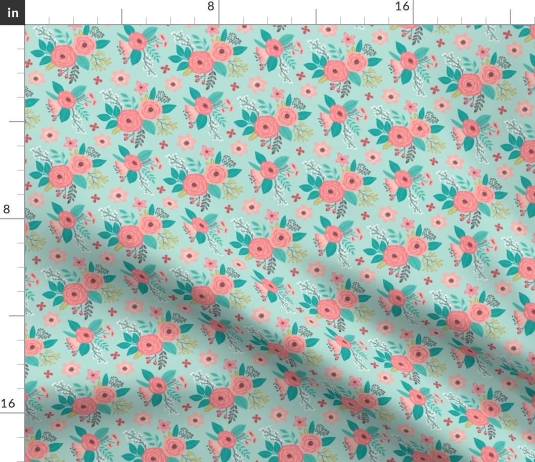 Vintage Antique Floral Flowers on Mint Green Tiny Small