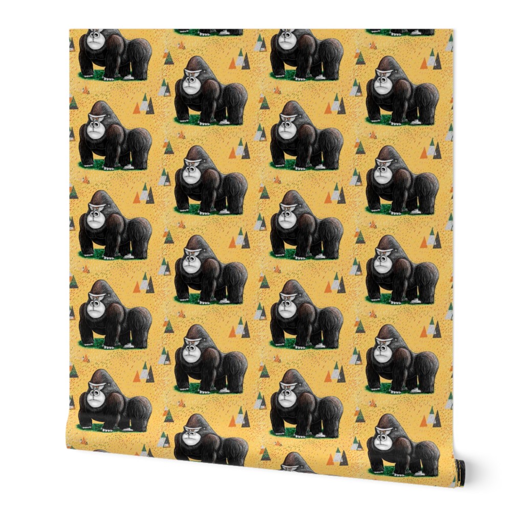 endangered mountain rainforest silverback gorilla, small scale, yellow black green