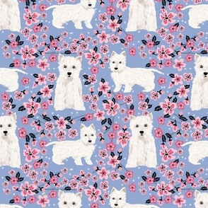 westie cherry blossom fabric - dog fabric cherry blossoms fabric - cerulean