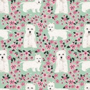 westie cherry blossom fabric - dog fabric cherry blossoms fabric - mint