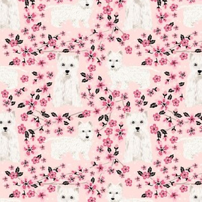 westie cherry blossom fabric - dog fabric cherry blossoms fabric - light pink