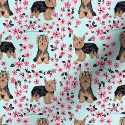 yorkie cherry blossom fabric - yorkshire terrier dog fabric cherry blossoms fabric - blue tint