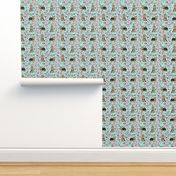 yorkie cherry blossom fabric - yorkshire terrier dog fabric cherry blossoms fabric- aqua