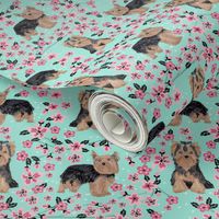 yorkie cherry blossom fabric - yorkshire terrier dog fabric cherry blossoms fabric- aqua