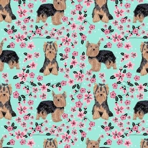 yorkie cherry blossom fabric - yorkshire terrier dog fabric cherry blossoms fabric- aqua