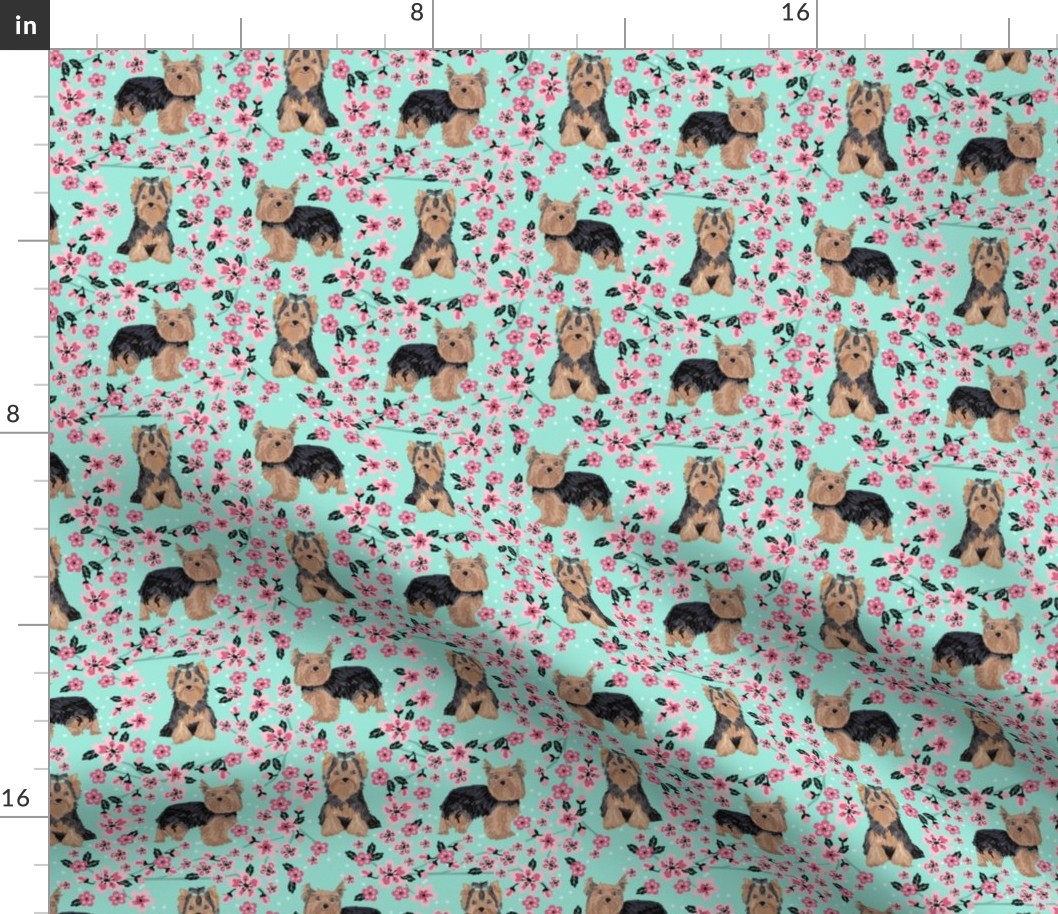 yorkie cherry blossom fabric - yorkshire terrier dog fabric cherry blossoms fabric- aqua