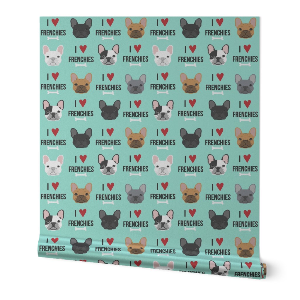 frenchie dog fabric - i love french bulldogs fabric - frenchie face - aqua