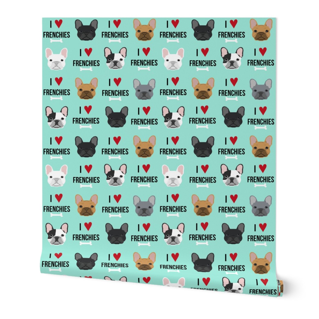 frenchie dog fabric - i love french bulldogs fabric - frenchie face - aqua