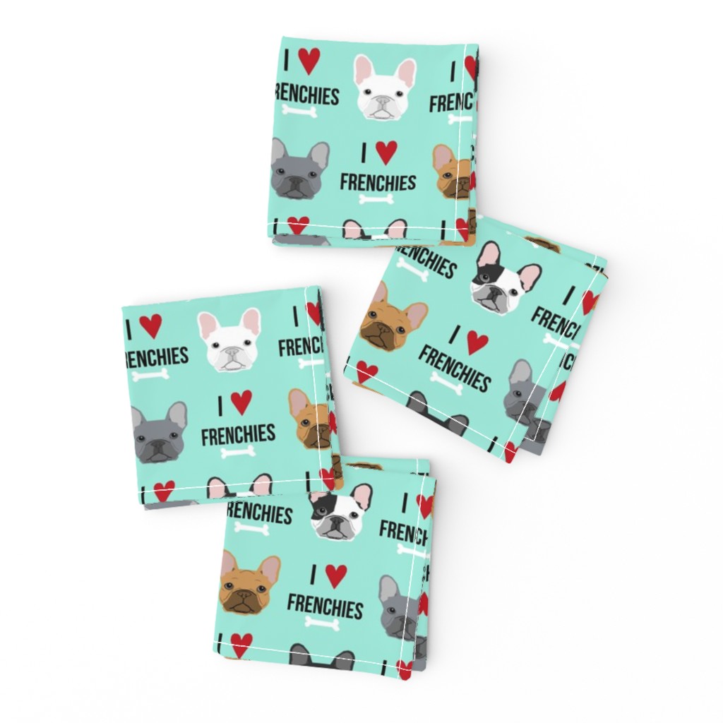 frenchie dog fabric - i love french bulldogs fabric - frenchie face - aqua