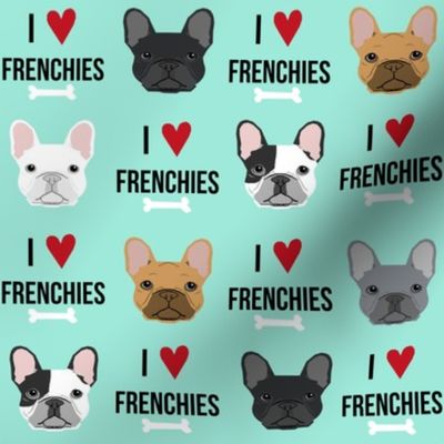 frenchie dog fabric - i love french bulldogs fabric - frenchie face - aqua