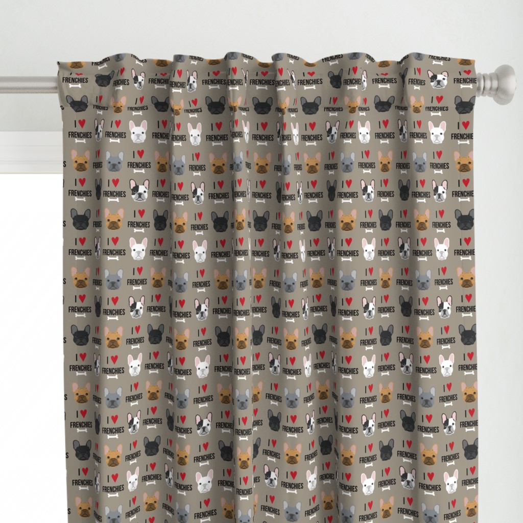 frenchie dog fabric - i love french bulldogs fabric - frenchie face - medium brown