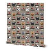 frenchie dog fabric - i love french bulldogs fabric - frenchie face - medium brown