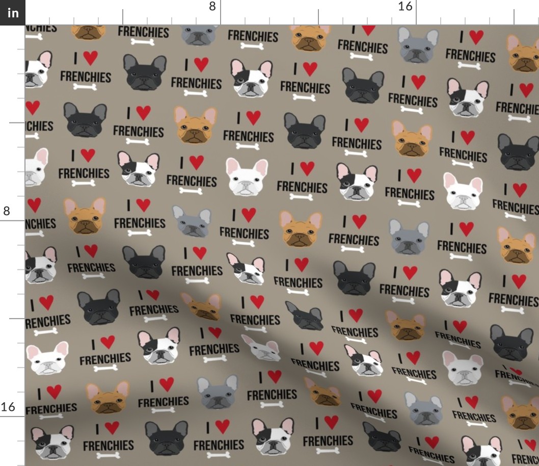 frenchie dog fabric - i love french bulldogs fabric - frenchie face - medium brown