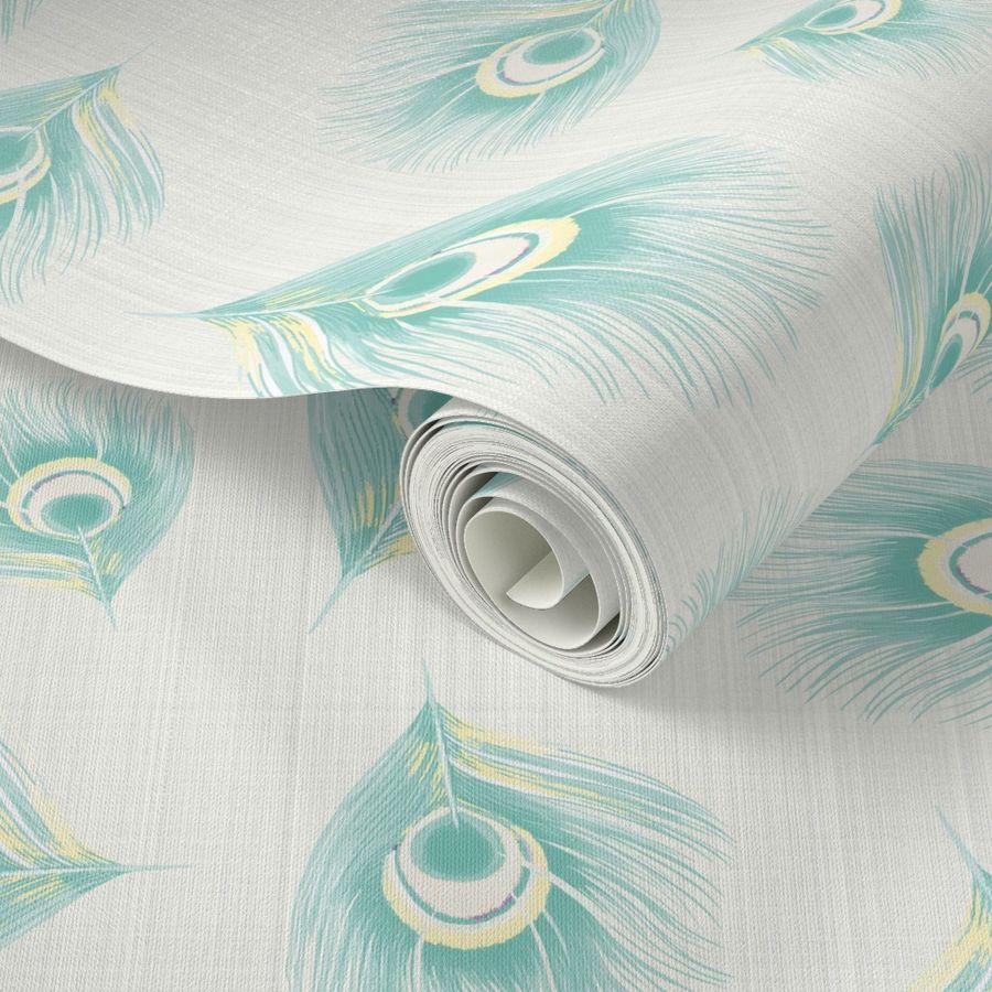 Bird Feathers Pastel Watercolor Linen Mint Yellow_Miss Chiff Designs