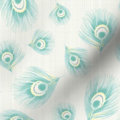 Bird Feathers Pastel Watercolor Linen Mint Yellow_Miss Chiff Designs