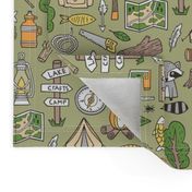 Outdoors Camping Woodland Doodle with Campfire, Raccoon, Mountains, Trees, Logs on Green  