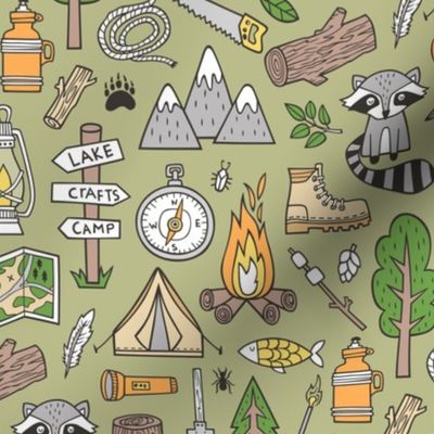 Outdoors Camping Woodland Doodle with Campfire, Raccoon, Mountains, Trees, Logs on Green  