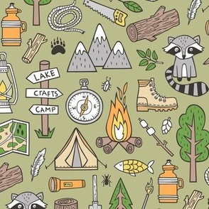 Outdoors Camping Woodland Doodle with Campfire, Raccoon, Mountains, Trees, Logs on Green  