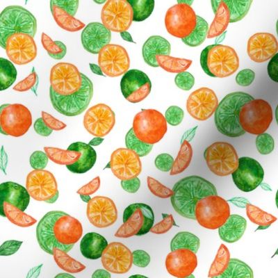 Watercolor seamless pattern on white background. Lime, mandarin, orange