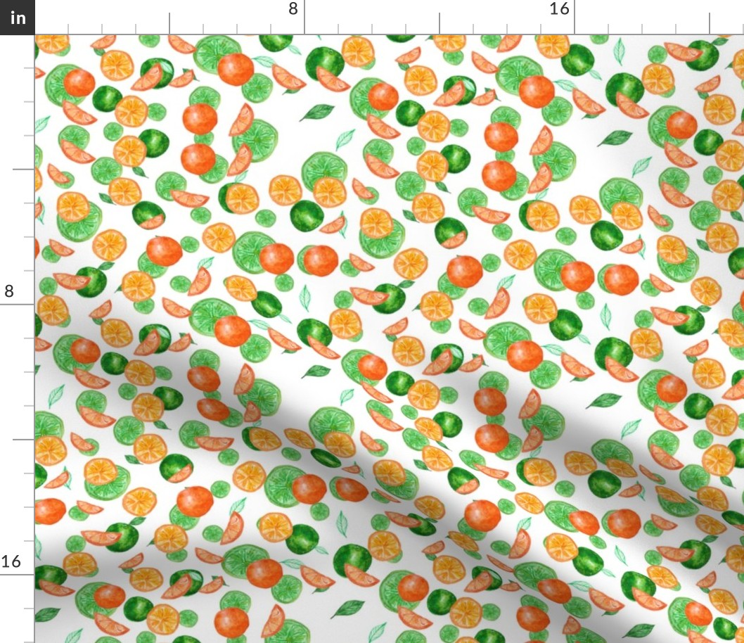 Watercolor seamless pattern on white background. Lime, mandarin, orange