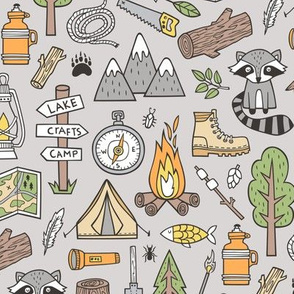 Outdoors Camping Woodland Doodle with Campfire, Raccoon, Mountains, Trees, Logs on Grey