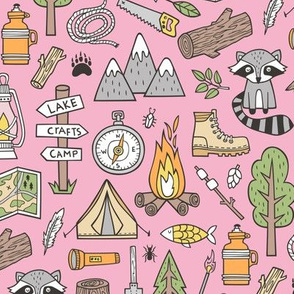Outdoors Camping Woodland Doodle with Campfire, Raccoon, Mountains, Trees, Logs on Pink