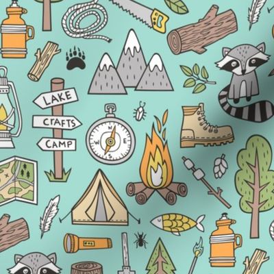 Outdoors Camping Woodland Doodle with Campfire, Raccoon, Mountains, Trees, Logs on Mint Green  