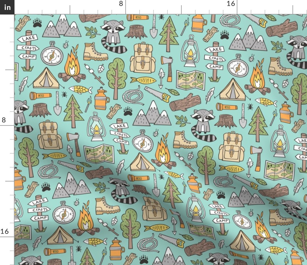 Outdoors Camping Woodland Doodle with Campfire, Raccoon, Mountains, Trees, Logs on Mint Green  