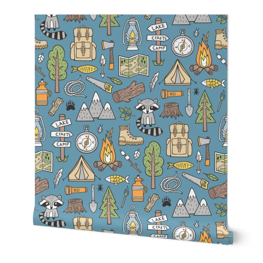 Outdoors Camping Woodland Doodle with Campfire, Raccoon, Mountains, Trees, Logs on Dark Blue Navy