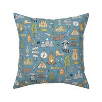 Outdoors Camping Woodland Doodle with Campfire, Raccoon, Mountains, Trees, Logs on Dark Blue Navy