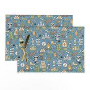 Outdoors Camping Woodland Doodle with Campfire, Raccoon, Mountains, Trees, Logs on Dark Blue Navy