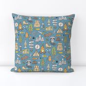 Outdoors Camping Woodland Doodle with Campfire, Raccoon, Mountains, Trees, Logs on Dark Blue Navy