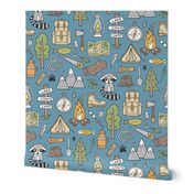 Outdoors Camping Woodland Doodle with Campfire, Raccoon, Mountains, Trees, Logs on Dark Blue Navy