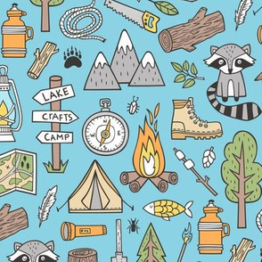 Outdoors Camping Woodland Doodle with Campfire, Raccoon, Mountains, Trees, Logs on Blue