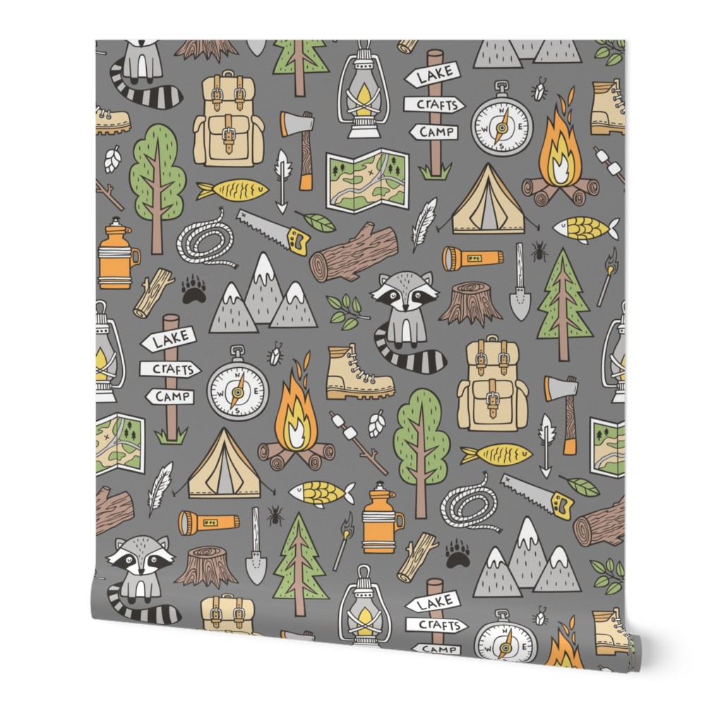 Outdoors Camping Woodland Doodle with Campfire, Raccoon, Mountains, Trees, Logs on Dark Grey