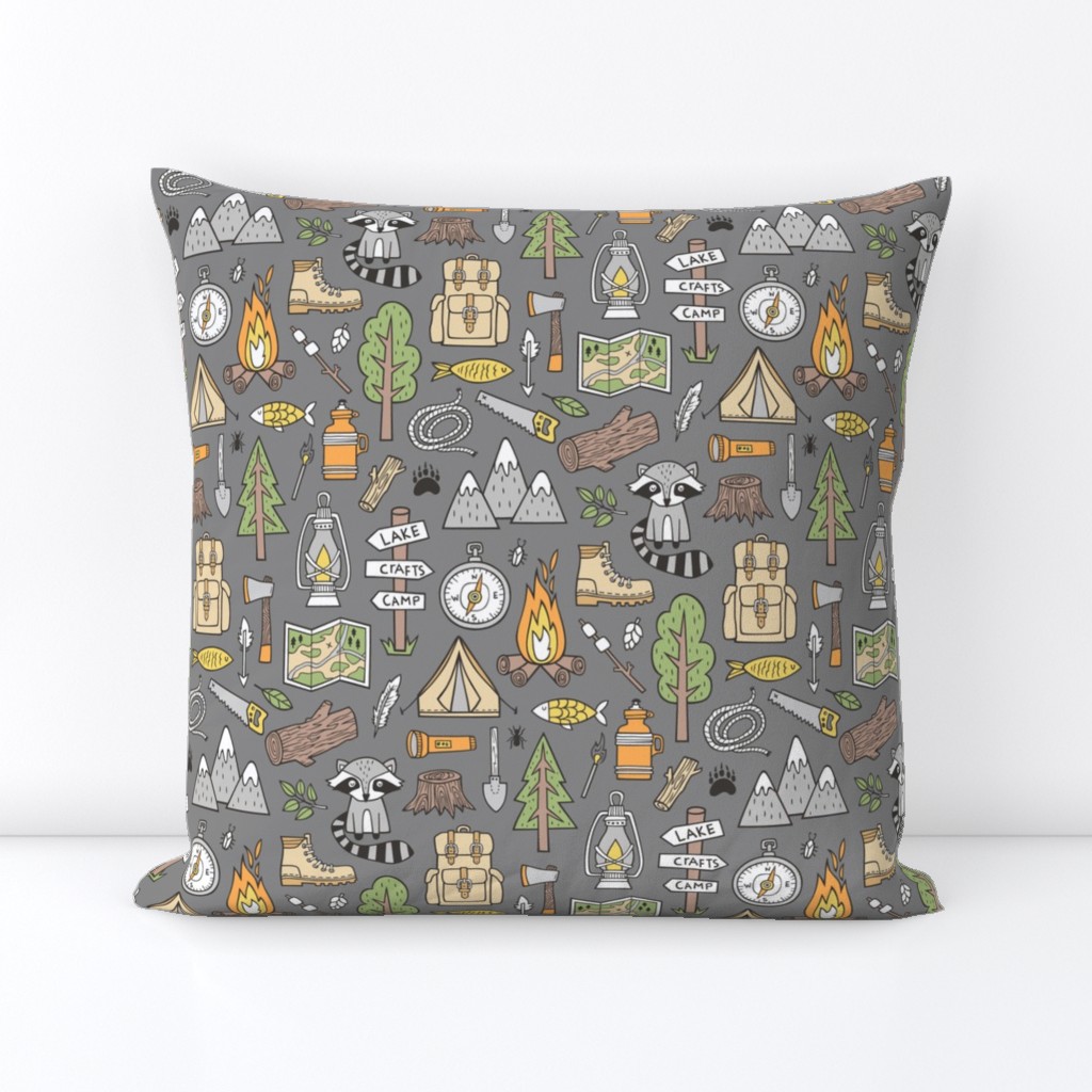 Outdoors Camping Woodland Doodle with Campfire, Raccoon, Mountains, Trees, Logs on Dark Grey