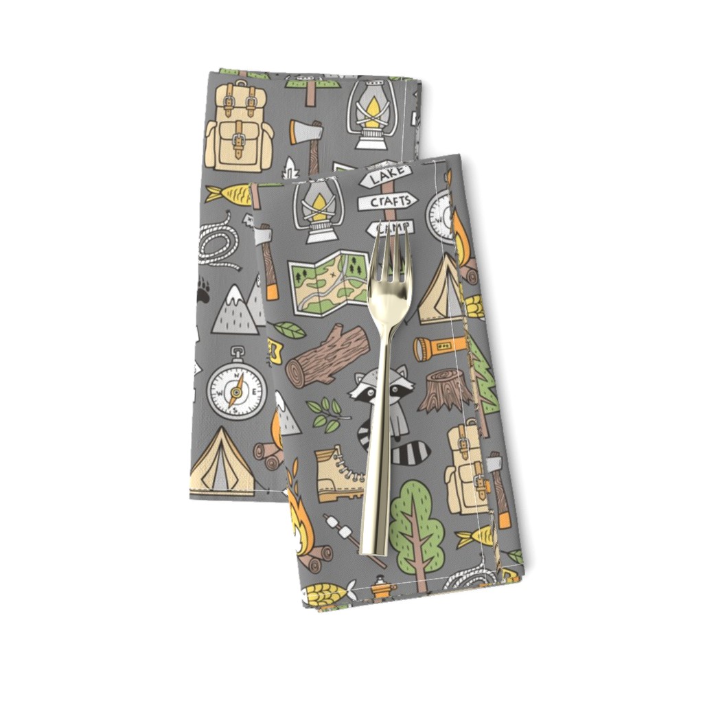 Outdoors Camping Woodland Doodle with Campfire, Raccoon, Mountains, Trees, Logs on Dark Grey