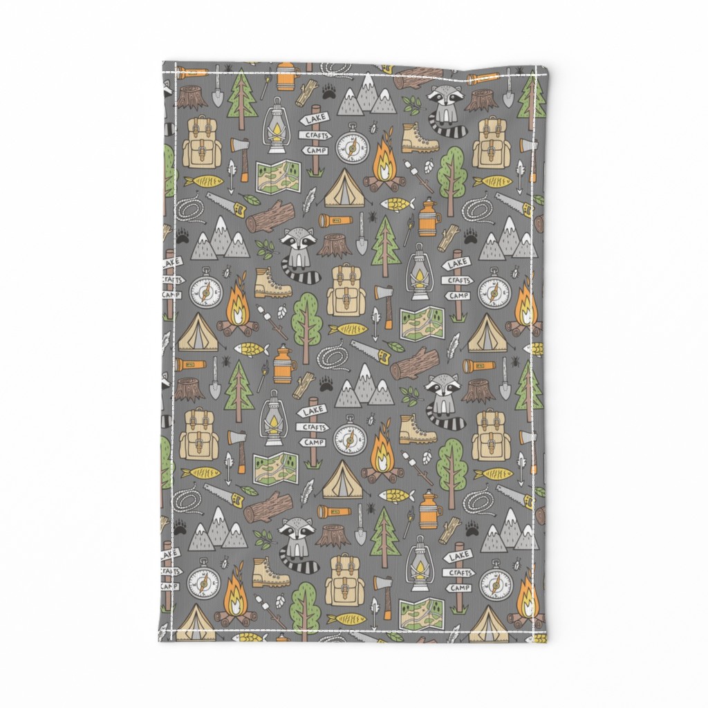 Outdoors Camping Woodland Doodle with Campfire, Raccoon, Mountains, Trees, Logs on Dark Grey